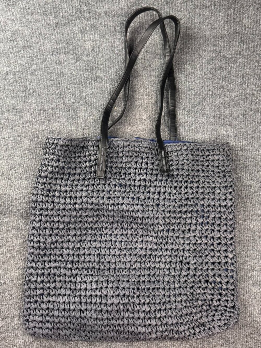 Woven Paper Straw Tote Bag Charcoal Grey Crochet Beach Summer Shoulder Bag Lined